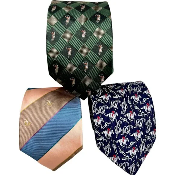 3 Neckties Polo Club 100% Silk green brown  blue pink striped Polo Horses  (67) - Picture 1 of 10